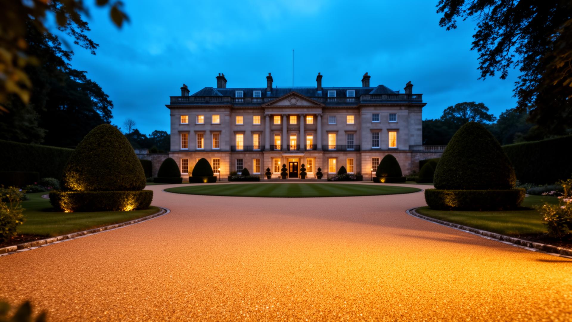 Luxury Surrey estate with resin driveway at dusk